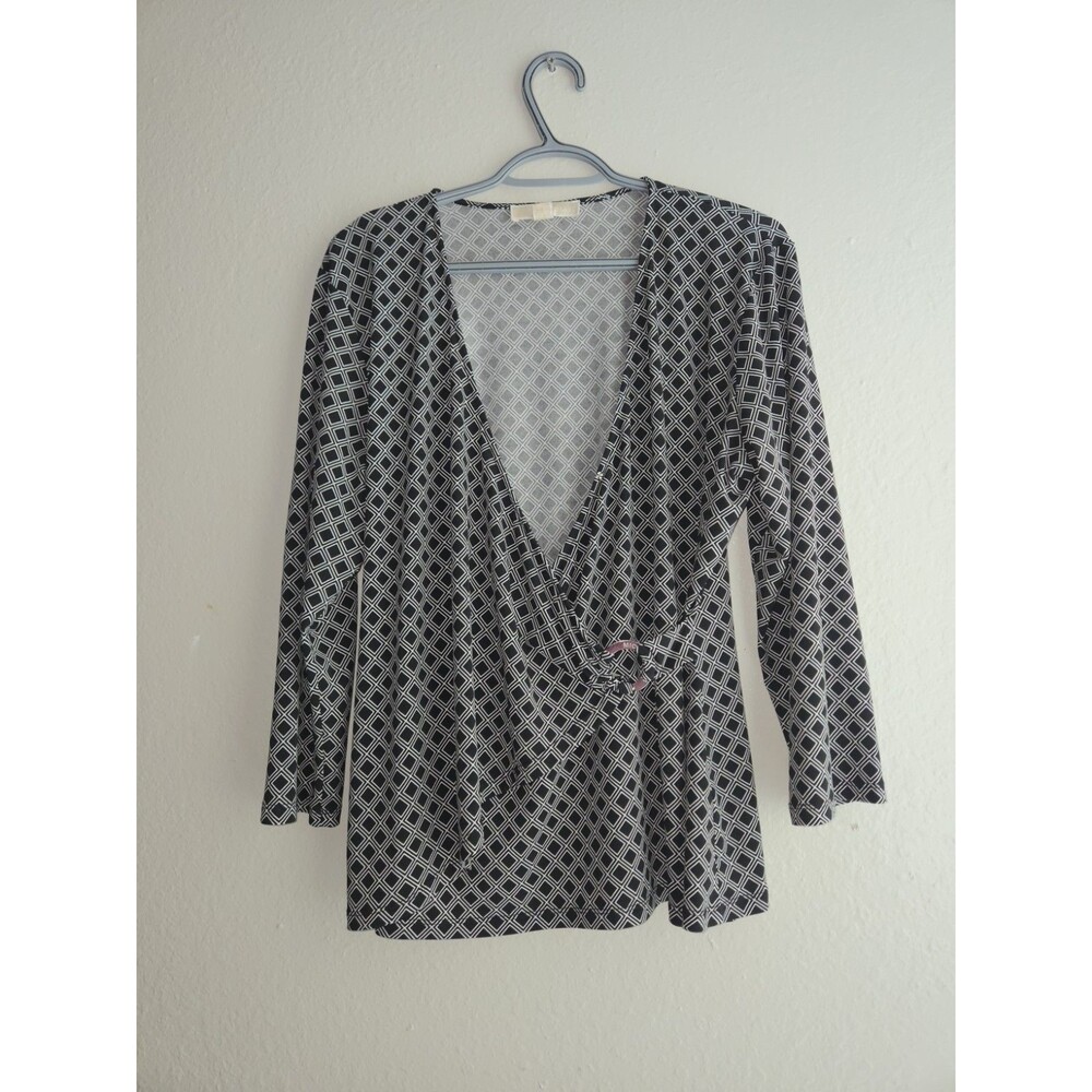 Michael Kors Black White Geometric Print V-Neck Long Sleeve Blouse Women Size XL